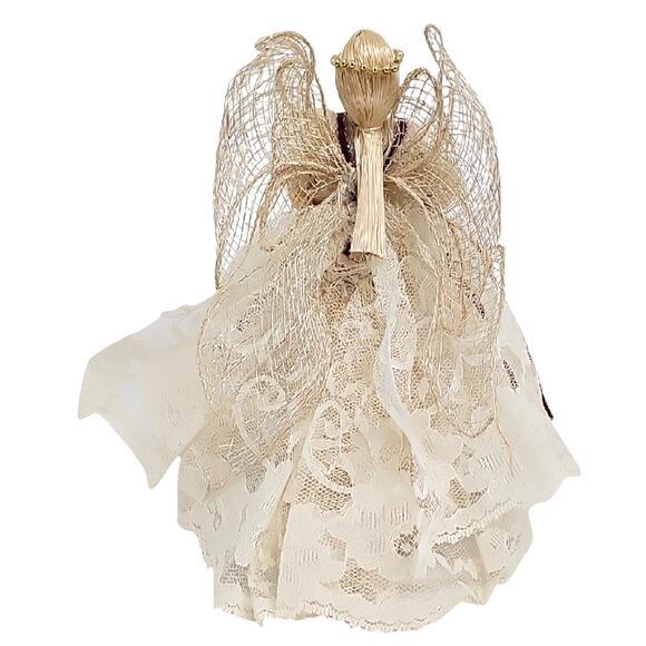 Vintage Cornhusk Lace Mesh Faceless Angel Tree Topper with Gold Accents Decor 8" - Picture 4 of 8